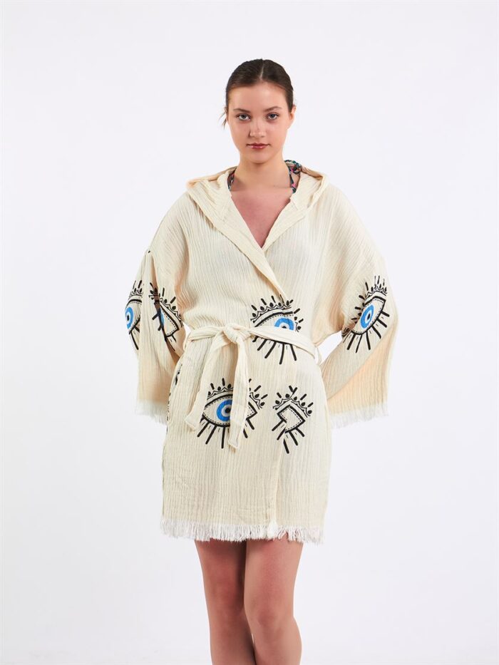 Big Blue Eye Kapşonlu Kısa Kimono