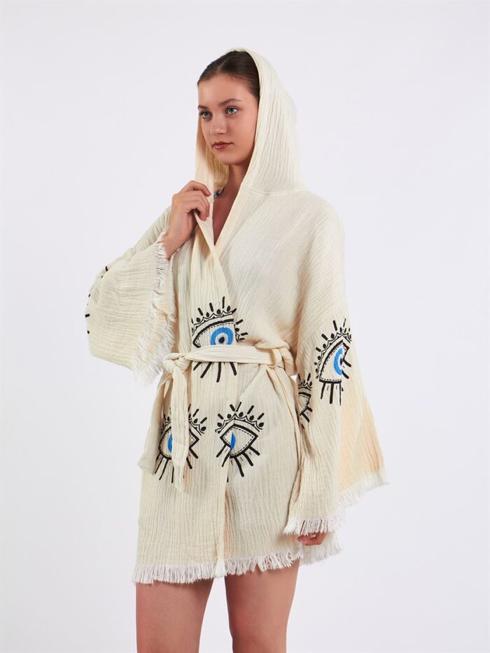 Big Blue Eye Kapşonlu Kısa Kimono