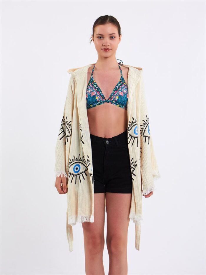 Big Blue Eye Kapşonlu Kısa Kimono