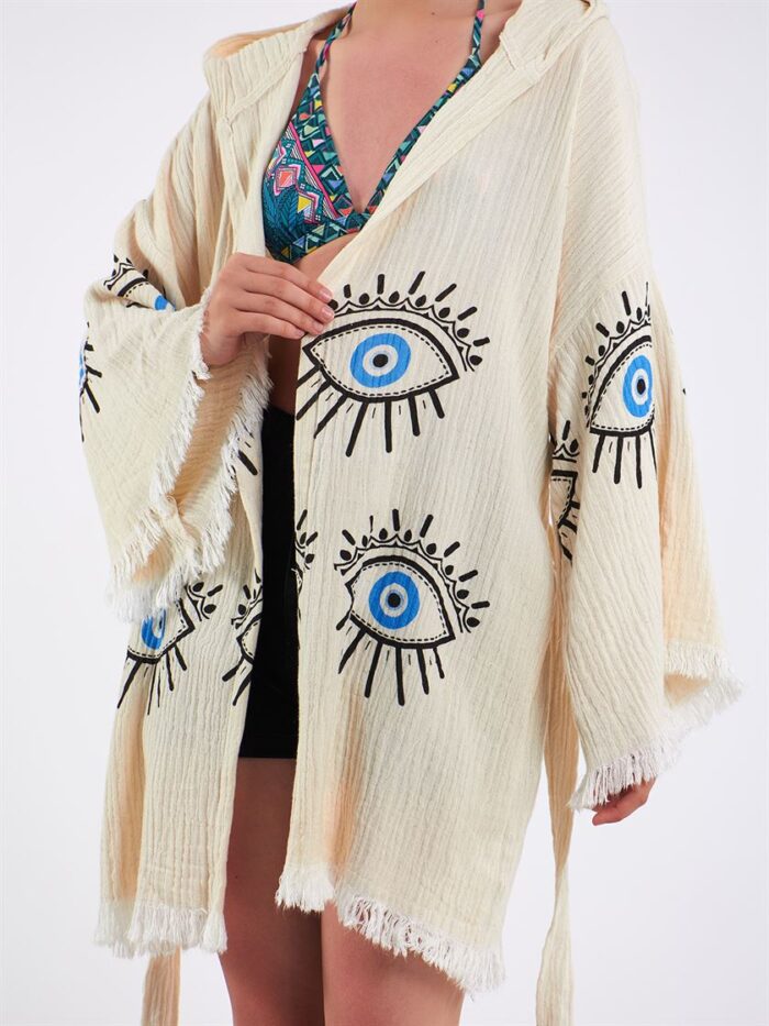 Big Blue Eye Kapşonlu Kısa Kimono