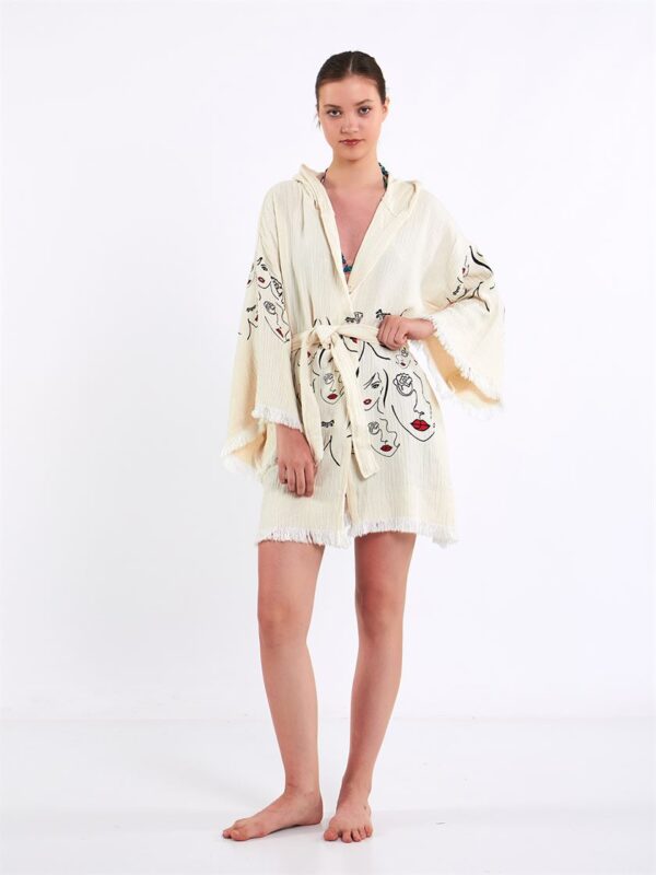 Face Art Kapşonlu Kısa Kimono