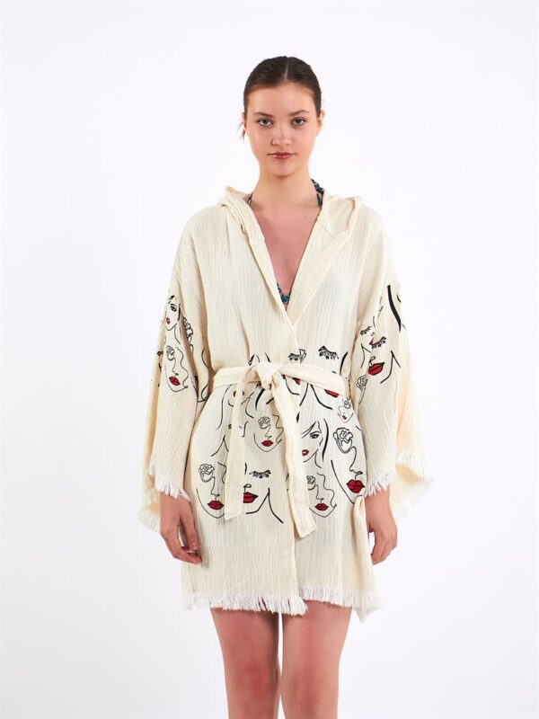 Face Art Kapşonlu Kısa Kimono