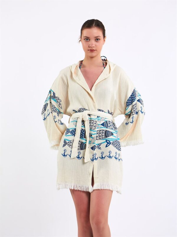 Fishes Kapşonlu Kısa Kimono
