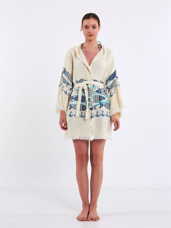 Fishes Kapşonlu Kısa Kimono