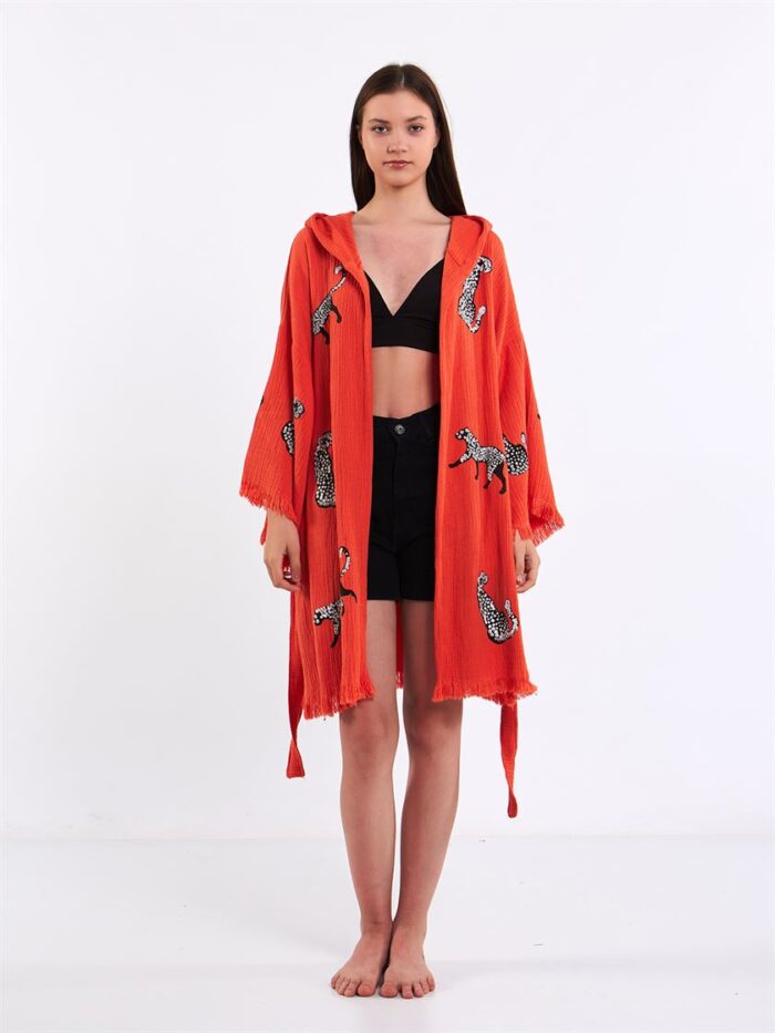 Leopar Açık Kırmızı Kısa Kimono Leopar Açık Kırmızı Kısa Kimono