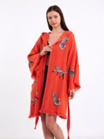 Leopar Açık Kırmızı Kısa Kimono