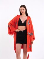 Leopar Açık Kırmızı Kısa Kimono