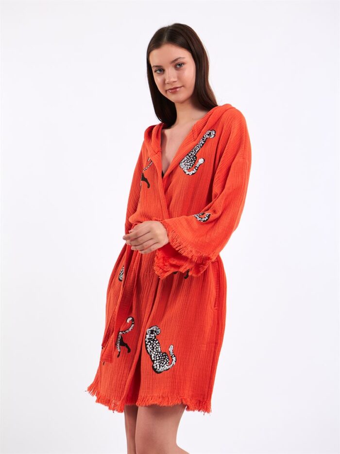 Leopar Açık Kırmızı Kısa Kimono Leopar Açık Kırmızı Kısa Kimono