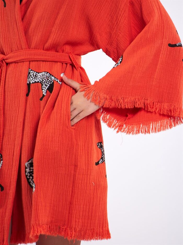 Leopar Açık Kırmızı Kısa Kimono Leopar Açık Kırmızı Kısa Kimono