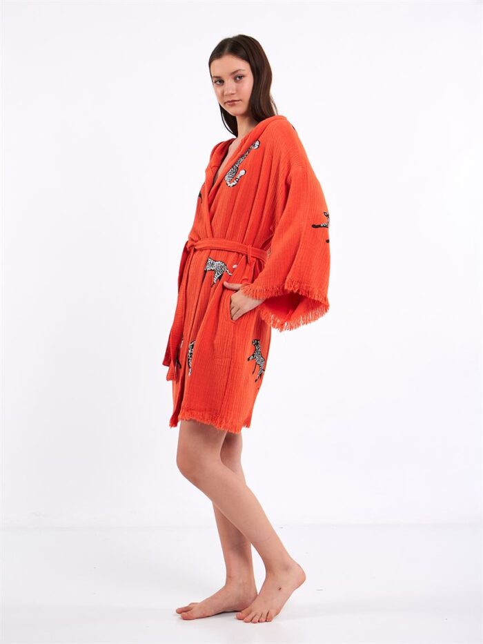 Leopar Açık Kırmızı Kısa Kimono Leopar Açık Kırmızı Kısa Kimono
