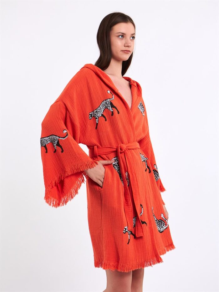 Leopar Açık Kırmızı Kısa Kimono Leopar Açık Kırmızı Kısa Kimono