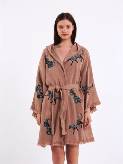 كيمونو قصير جاف جاف بلون وردة النمر