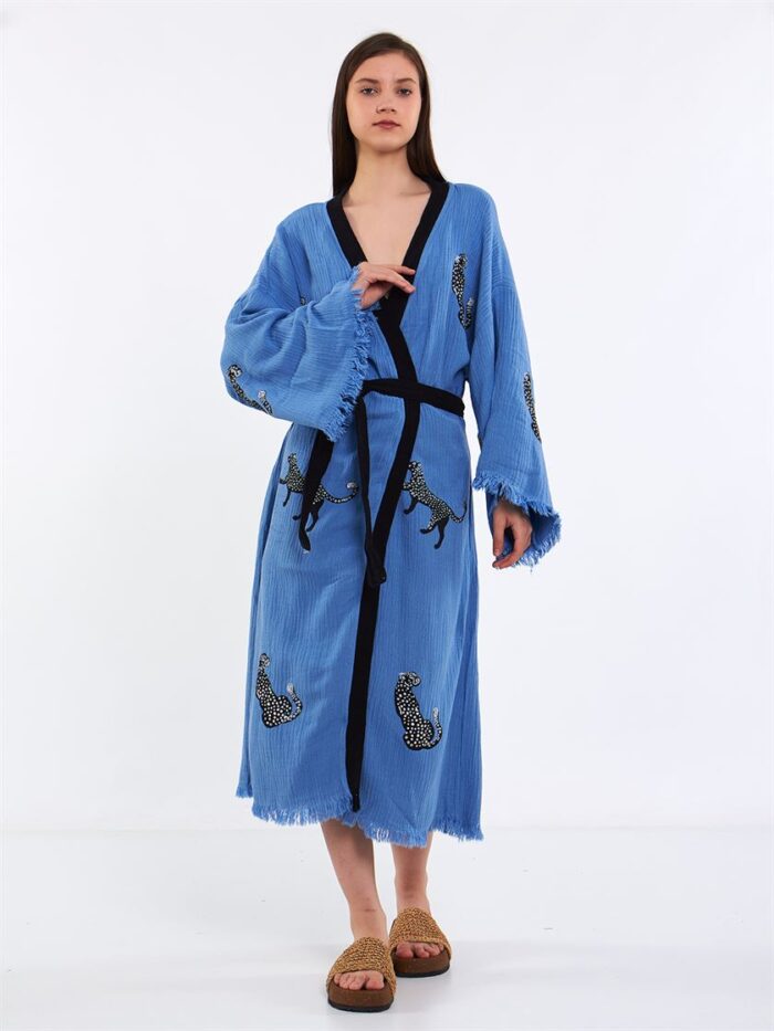 Leopar Kuşaklı Kimono Mavi Leopar Kuşaklı Kimono Mavi