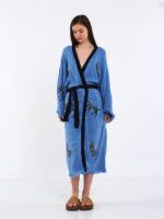 Leopar Kuşaklı Kimono Mavi