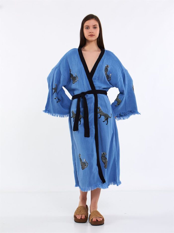 Leopar Kuşaklı Kimono Mavi Leopar Kuşaklı Kimono Mavi