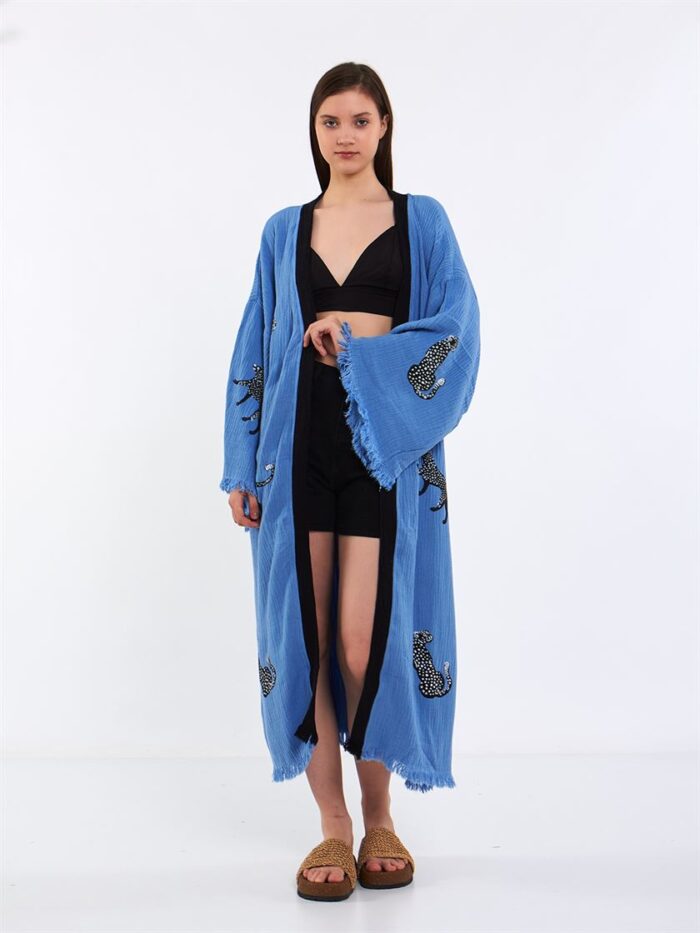 Leopar Kuşaklı Kimono Mavi Leopar Kuşaklı Kimono Mavi