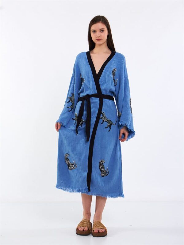 Leopar Kuşaklı Kimono Mavi