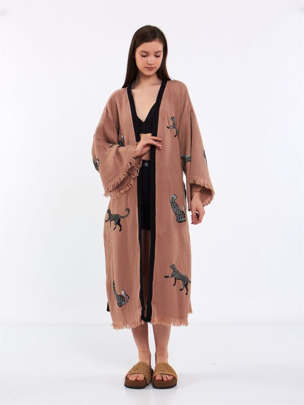 Leopard Kurzer Kimono mit Gürtel Rose Dry