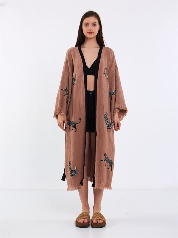 Leopard Kurzer Kimono mit Gürtel Rose Dry