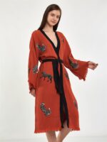 Leopar Kuşaklı Kısa Kimono Kiremit