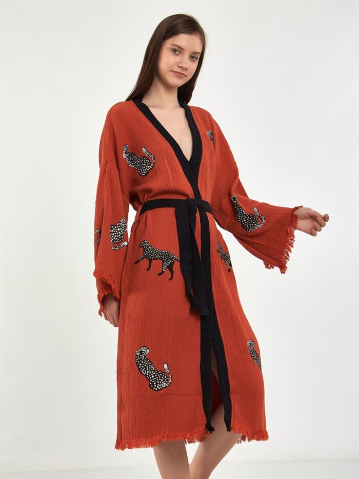 Leopar Kuşaklı Kısa Kimono Kiremit Leopar Kuşaklı Kısa Kimono Kiremit