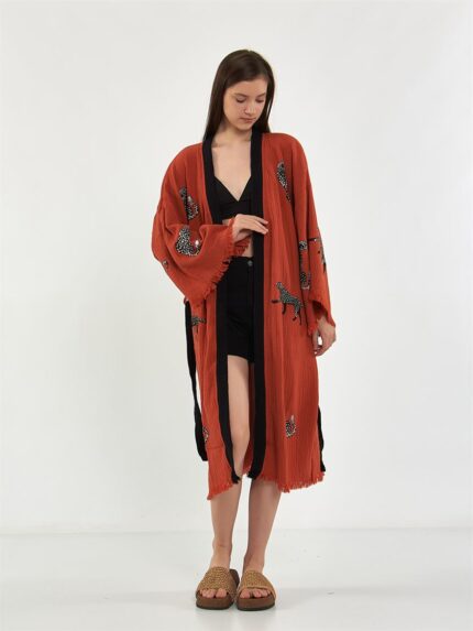 Leopar Kuşaklı Kısa Kimono Kiremit