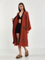 Leopar Kuşaklı Kısa Kimono Kiremit