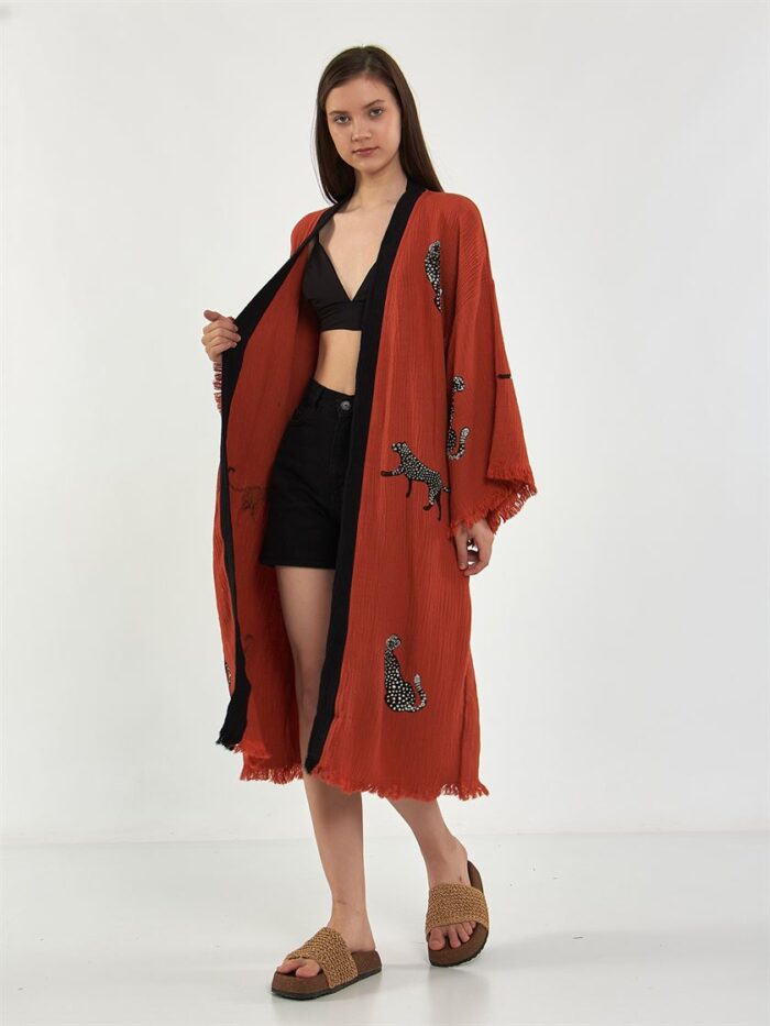 Leopar Kuşaklı Kısa Kimono Kiremit Leopar Kuşaklı Kısa Kimono Kiremit