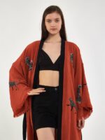 Leopar Kuşaklı Kısa Kimono Kiremit