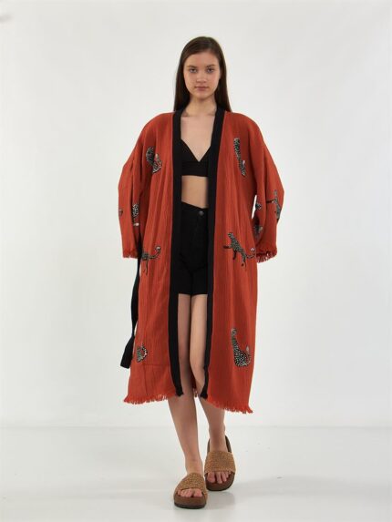 Leopar Kuşaklı Kısa Kimono Kiremit