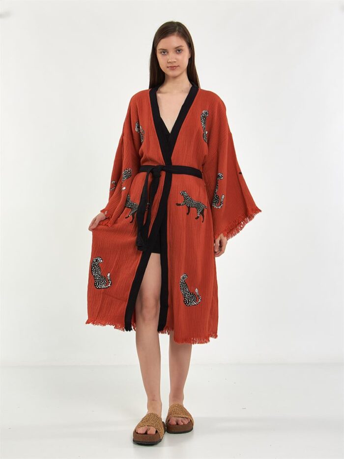 Leopar Kuşaklı Kısa Kimono Kiremit Leopar Kuşaklı Kısa Kimono Kiremit