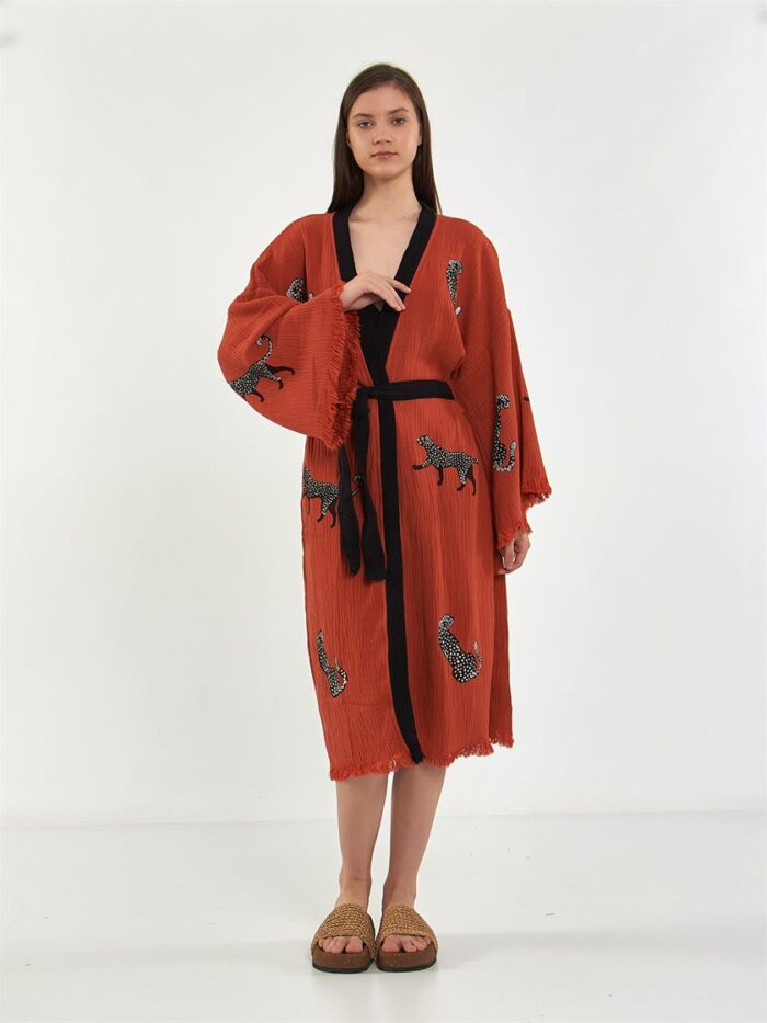 Leopar Kuşaklı Kısa Kimono Kiremit Leopar Kuşaklı Kısa Kimono Kiremit