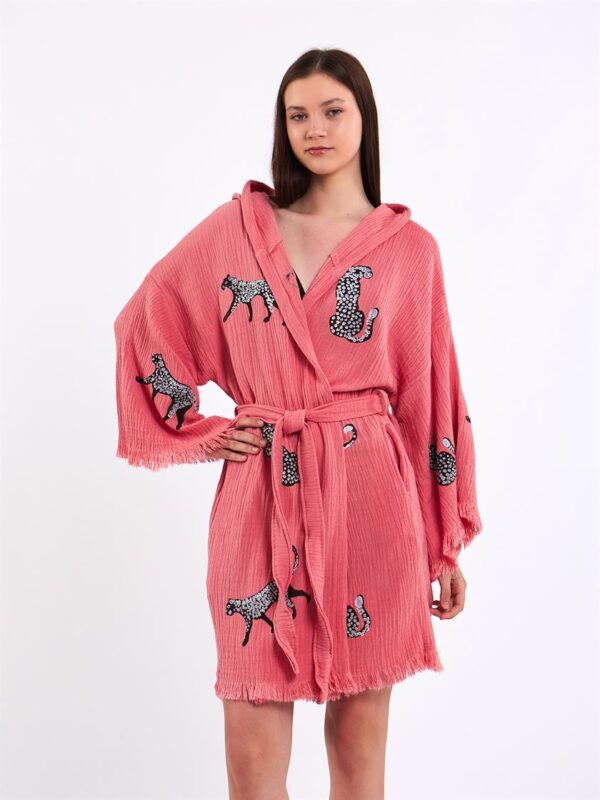 Leopar Pudra Pembe Kısa Kimono