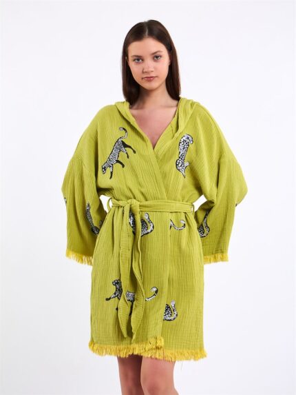 Leopar Yağ Yeşili Kısa Kimono