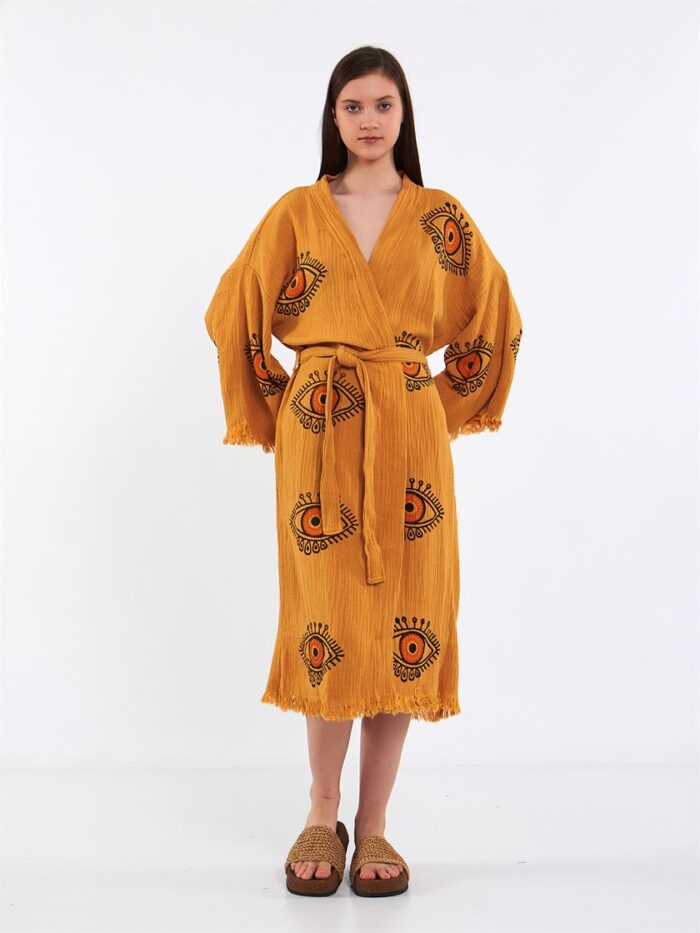 Orange Eye Kuşaklı Kimono Hardal