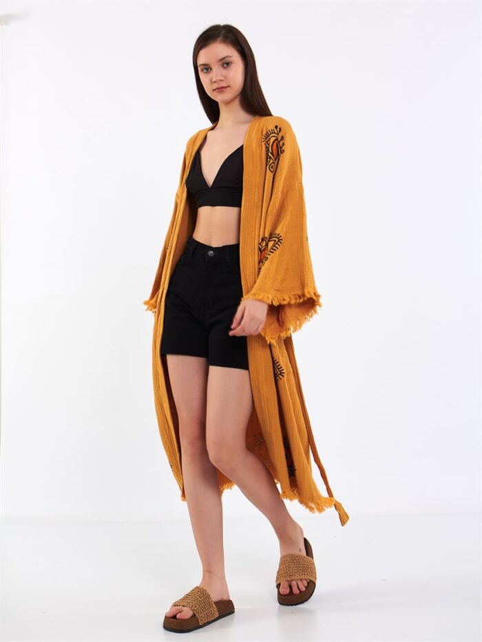 Orange Eye Kuşaklı Kimono Hardal