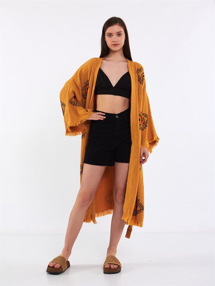 Orange Eye Kuşaklı Kimono Hardal