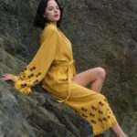 Aqua Stone Bedruckter Baumwoll-Kimono Gelb