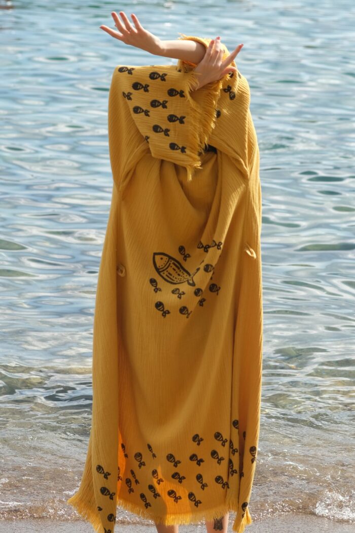 Aqua Stone Bedruckter Baumwoll-Kimono Gelb Aqua Stone Bedruckter Baumwoll-Kimono Gelb