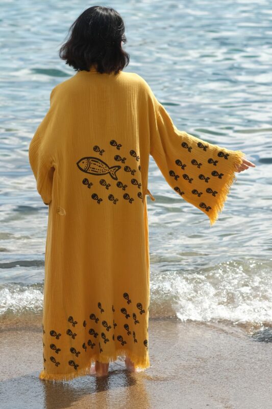 كيمونو قطني مطبوع بالحجر المائي أصفر