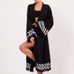 Aqua Taş Baskılı Pamuklu Kimono Siyah