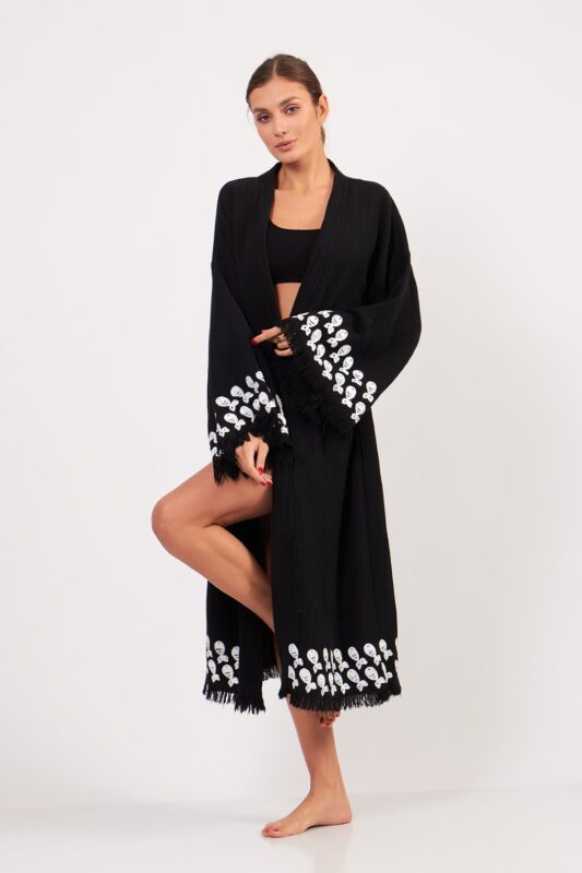 Aqua Taş Baskılı Pamuklu Kimono Siyah