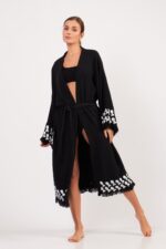 Aqua Taş Baskılı Pamuklu Kimono Siyah