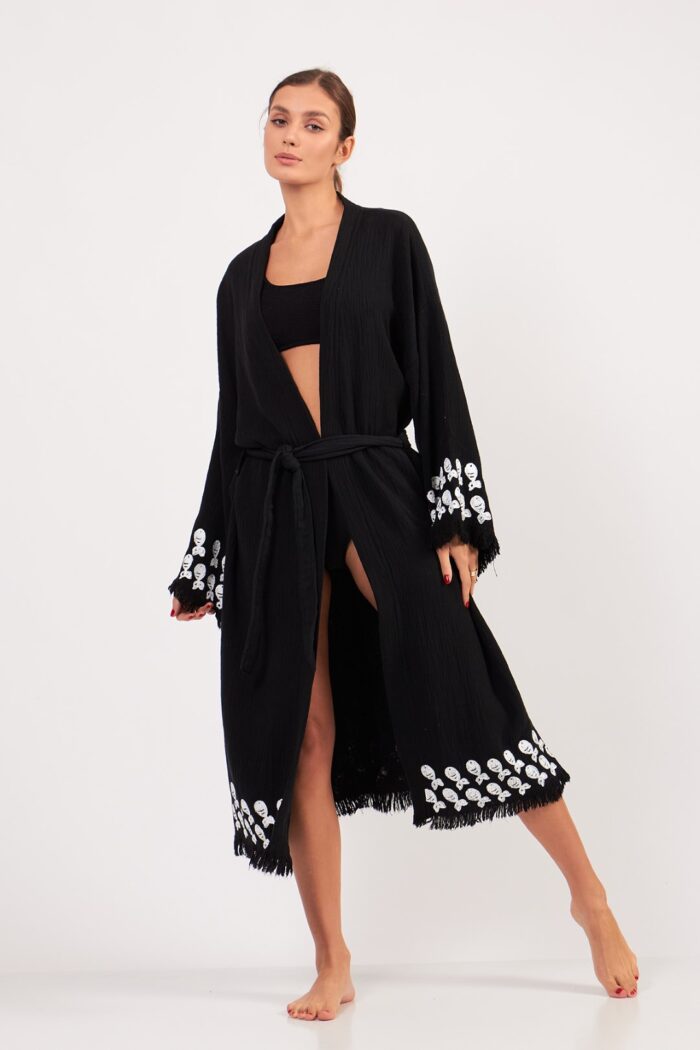 Aqua Taş Baskılı Pamuklu Kimono Siyah Aqua Taş Baskılı Pamuklu Kimono Siyah