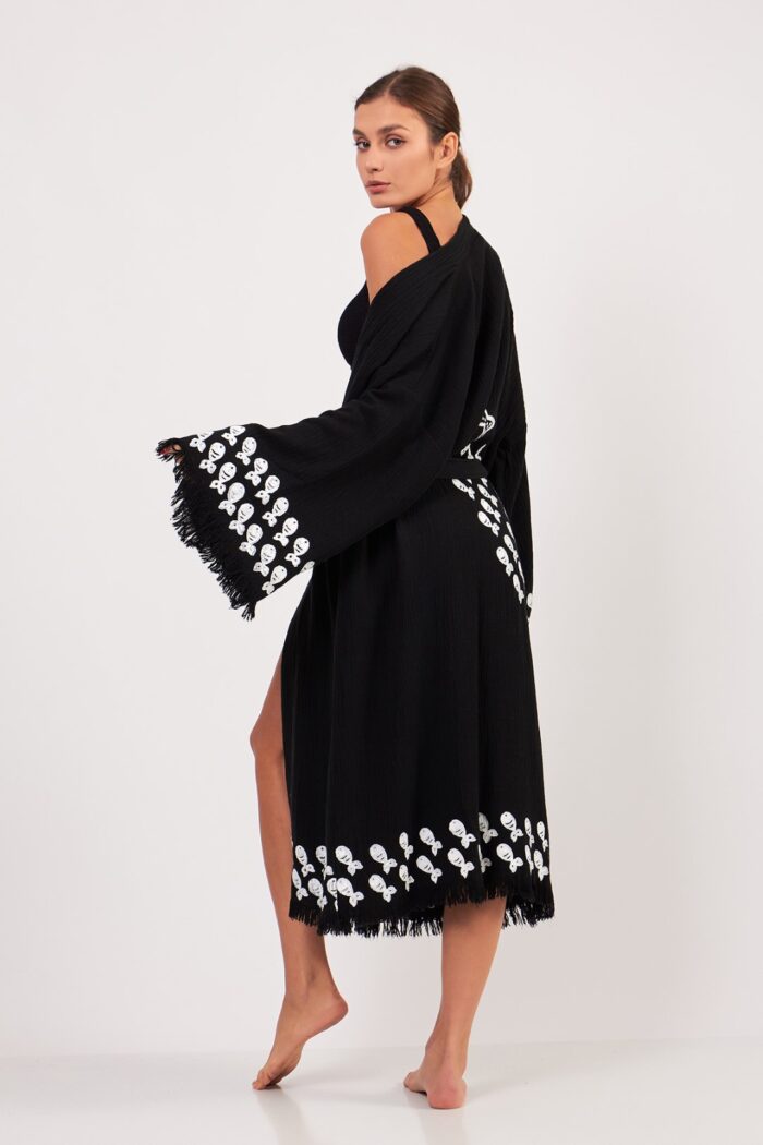 Aqua Taş Baskılı Pamuklu Kimono Siyah Aqua Taş Baskılı Pamuklu Kimono Siyah
