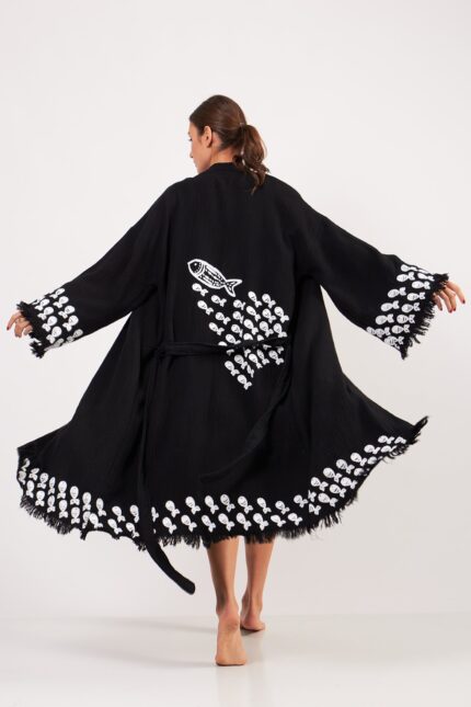 Aqua Taş Baskılı Pamuklu Kimono Siyah