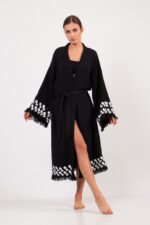 Aqua Taş Baskılı Pamuklu Kimono Siyah