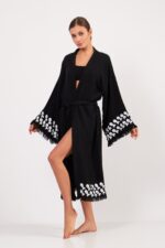 Aqua Taş Baskılı Pamuklu Kimono Siyah