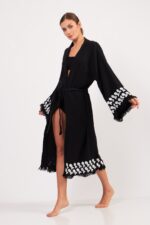 Aqua Taş Baskılı Pamuklu Kimono Siyah