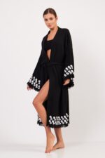 Aqua Taş Baskılı Pamuklu Kimono Siyah
